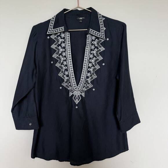 Talbots Womens Silk Top 10 Navy 3/4 Sleeve Embroidered Coastal Deep V Neck Beach - Picture 1 of 5